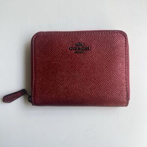 Coach Metallic Crossgrain Leather Zip Around Wallet Red Black Antique F29444